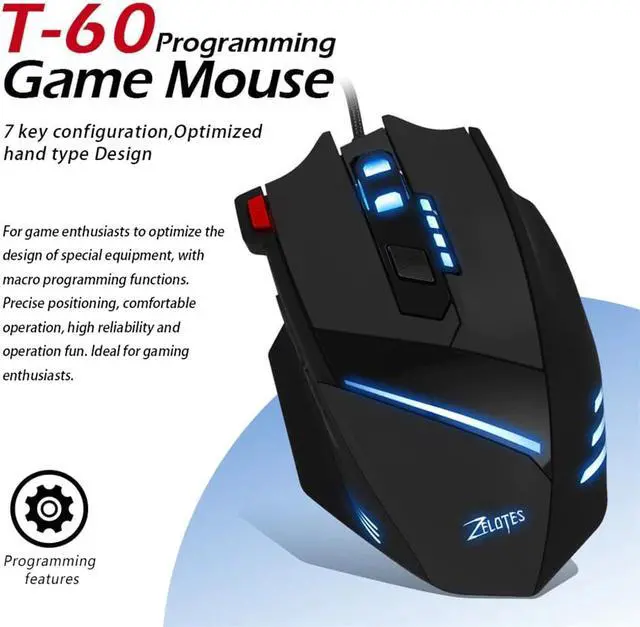 Alt view image 3 of 5 - Mouse Peripherals Gaming Mouse Wired T-60 7200 DPI 7 Button USB LED Color Cable Trackballs Gaming Mouse