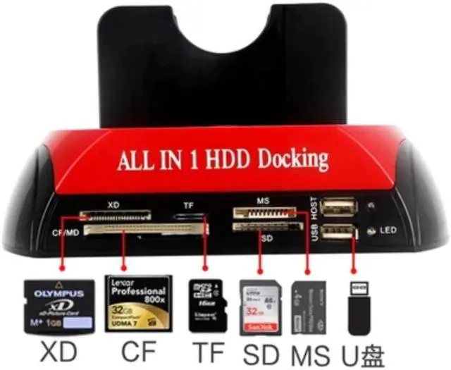 Main image of External Dual Port HDD Docking Station Hub with USB Port Memory Card Slot IDE SATA Data Reader XD/TF/CF/MD/Micro SD Cardreader
