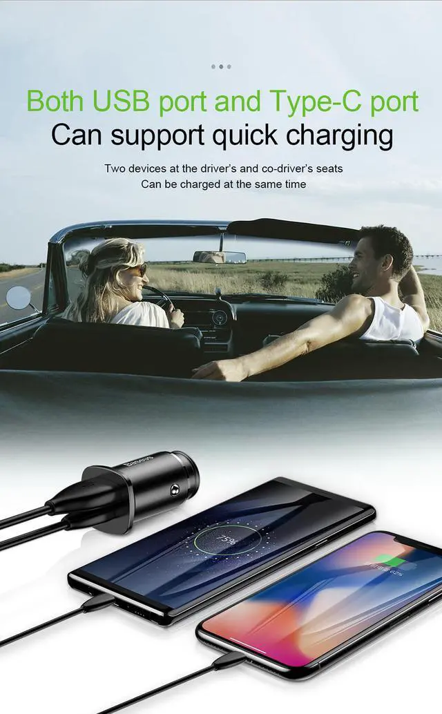 Alt view image 2 of 4 - Baseus 30W Dual USB C PD Quick Charge QC 4.0 Car Charger For Mobile Phone Charger Fast USB PD Type C AFC SCP Car Phone Charger