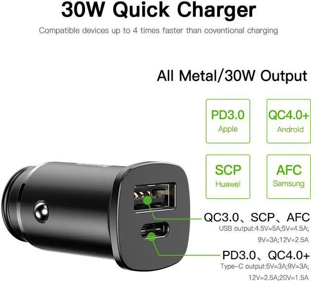 Alt view image 2 of 8 - Baseus 30W Dual USB C PD Quick Charge QC 4.0 Car Charger For Mobile Phone Charger Fast USB PD Type C AFC SCP Car Phone Charger