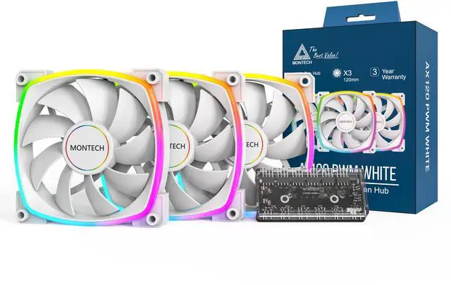 Main image of MONTECH AX 120MM - PWM Fan - Silent Performance - High Speed 1600PWM - High-End Durability with HDB Bearing - Stunning Outer Ring ARGB Lighting Design  3 in 1 Pack with 6X6 Fan Hub - White