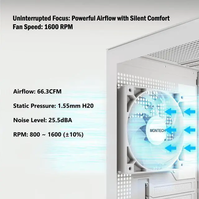Alt view image 3 of 6 - MONTECH GF120 ARGB PWM Hydraulic Bearing Fan 800-1600RPM, Low Noise 25.5dBA, High Airflow 66.3CFM, 4-Pin - 120mm White