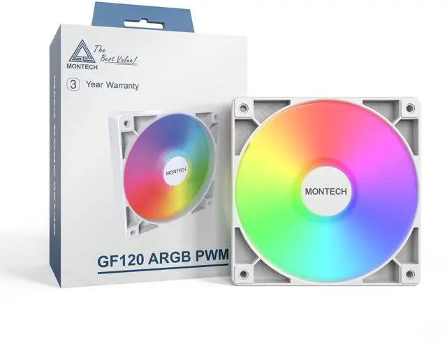 Alt view image 2 of 6 - MONTECH GF120 ARGB PWM Hydraulic Bearing Fan 800-1600RPM, Low Noise 25.5dBA, High Airflow 66.3CFM, 4-Pin - 120mm White