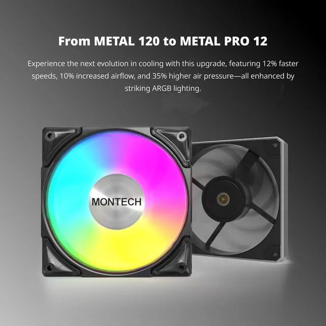 Alt view image 5 of 7 - MONTECH Metal PRO 12 ARGB PWM Fluid Dynamic Bearing 600-2200RPM, Pressure Focused 3.81mmH2O, Airflow 76.2CFM, 4-Pin - 120mm Black