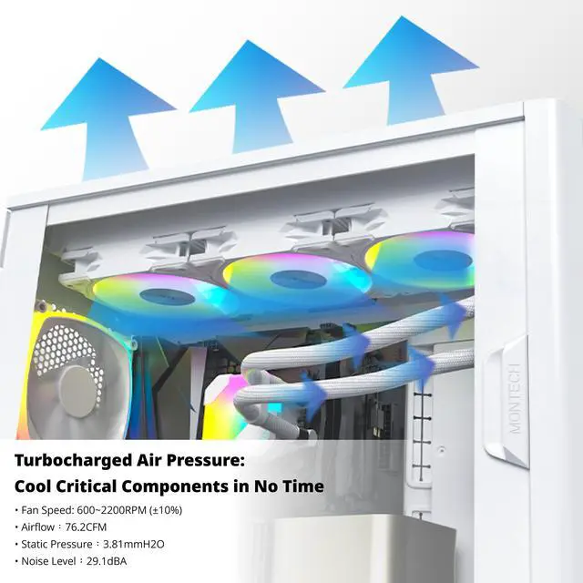 Alt view image 3 of 7 - MONTECH Metal PRO 12 ARGB PWM Fluid Dynamic Bearing 600-2200RPM, Pressure Focused 3.81mmH2O, Airflow 76.2CFM, 4-Pin - 120mm White