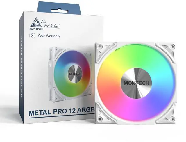 Alt view image 2 of 7 - MONTECH Metal PRO 12 ARGB PWM Fluid Dynamic Bearing 600-2200RPM, Pressure Focused 3.81mmH2O, Airflow 76.2CFM, 4-Pin - 120mm White