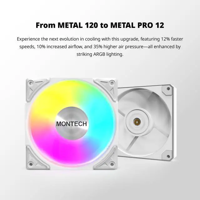 Alt view image 5 of 7 - MONTECH Metal PRO 12 ARGB PWM Fluid Dynamic Bearing 600-2200RPM, Pressure Focused 3.81mmH2O, Airflow 76.2CFM, 4-Pin - 120mm White