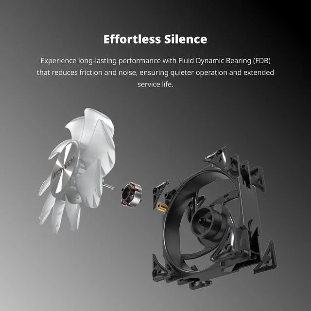 Alt view image 4 of 7 - MONTECH Metal PRO 12 ARGB PWM Fluid Dynamic Bearing 600-2200RPM, Pressure Focused 3.81mmH2O, Airflow 76.2CFM, 4-Pin, 3 in 1 Pack with 6X6 Fan Hub - 120mm Black