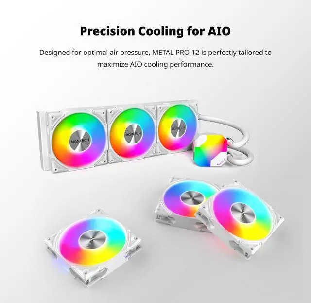 Alt view image 6 of 7 - MONTECH Metal PRO 12 ARGB PWM Fluid Dynamic Bearing 600-2200RPM, Pressure Focused 3.81mmH2O, Airflow 76.2CFM, 4-Pin, 3 in 1 Pack with 6X6 Fan Hub - 120mm White