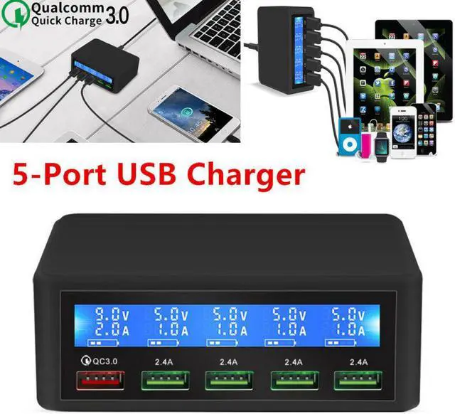 Alt view image 2 of 7 - Plugadget 5 Port USB QC 3.0 Quick Charger 5V 10A AC 100-240V LCD Voltage Current Display for iPhone iPad Samsung