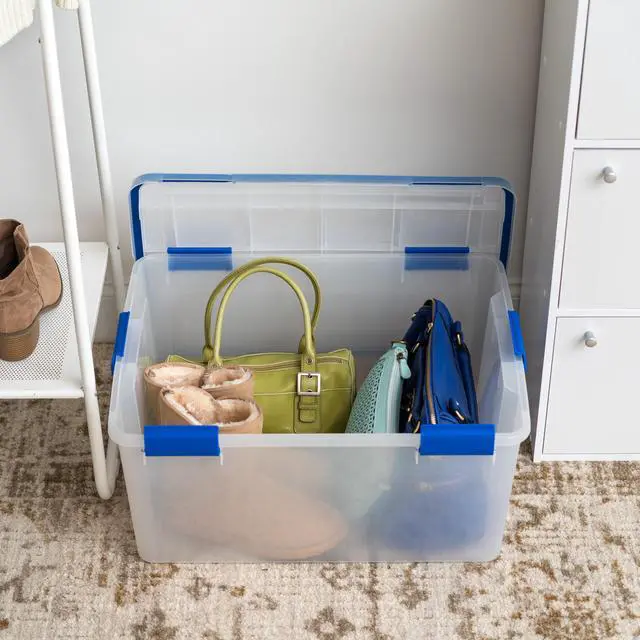 Alt view image 4 of 4 - IRIS USA 60 Qt Storage Box with Gasket Seal Lid, 3 Pack - BPA-Free, Made in USA - Heavy Duty Moving Containers with Tight Latch, Weather Proof Tote Bin, WEATHERPRO - Clear/Blue