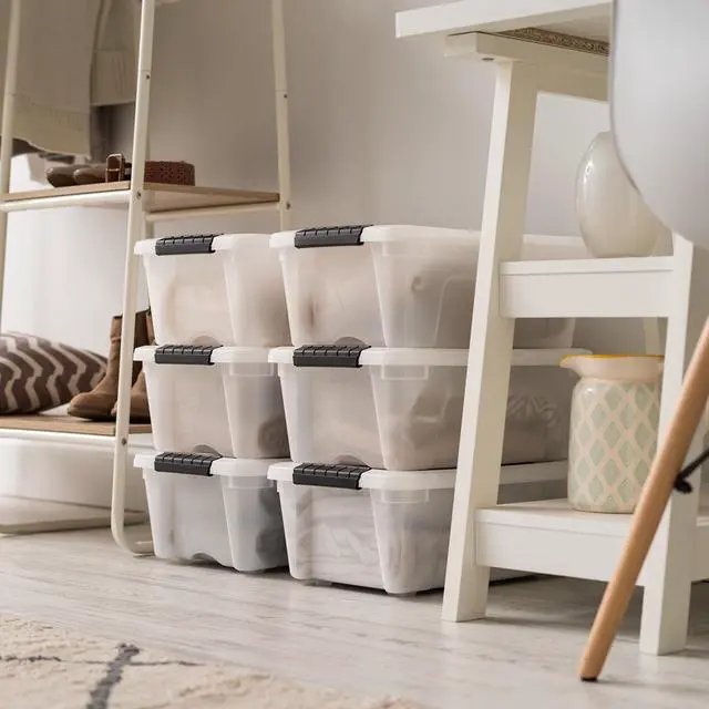Alt view image 2 of 4 - IRIS USA 13 Qt Stackable Plastic Storage Bins with Lids, 6 Pack, Made in USA - Discreet Organizing Solution, Latches, Durable Nestable Containers, Secure Pull Handle - Pearl