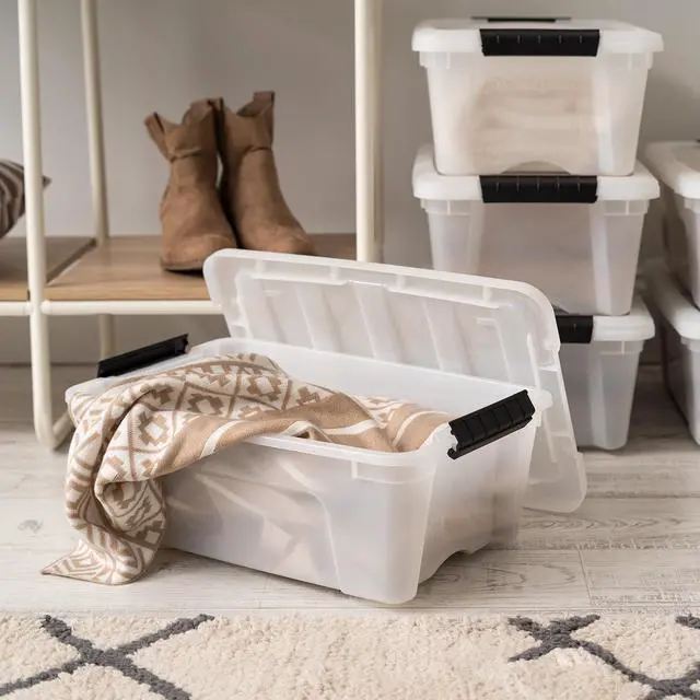 Alt view image 3 of 4 - IRIS USA 13 Qt Stackable Plastic Storage Bins with Lids, 6 Pack, Made in USA - Discreet Organizing Solution, Latches, Durable Nestable Containers, Secure Pull Handle - Pearl