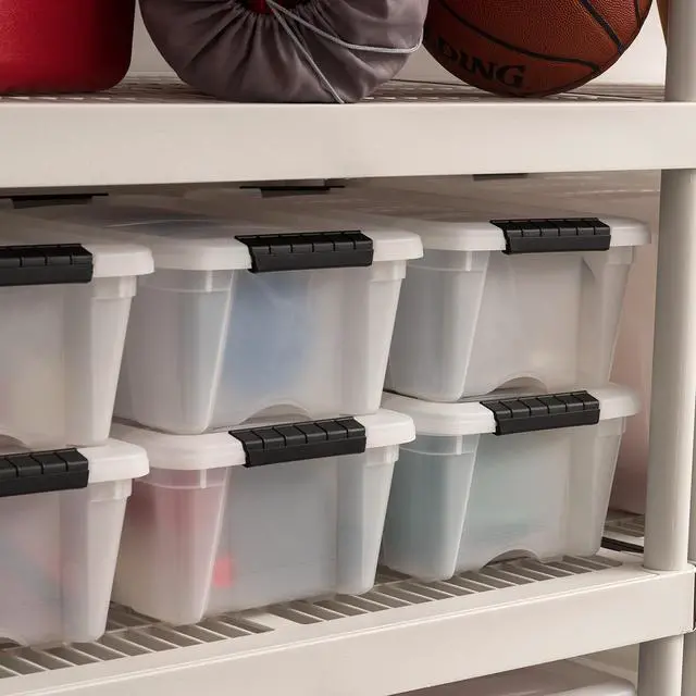 Alt view image 4 of 4 - IRIS USA 13 Qt Stackable Plastic Storage Bins with Lids, 6 Pack, Made in USA - Discreet Organizing Solution, Latches, Durable Nestable Containers, Secure Pull Handle - Pearl
