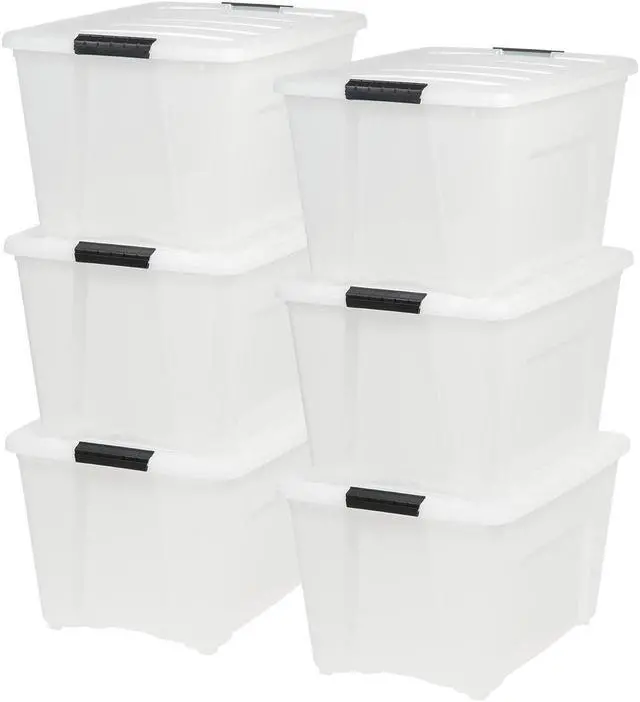 Alt view image 7 of 10 - IRIS USA 54 Qt Stackable Plastic Storage Bins with Lids, 6 Pack - BPA-Free, Made in USA - Discreet Organizing Solution, Latches, Durable Nestable Containers, Secure Pull Handle - Pearl