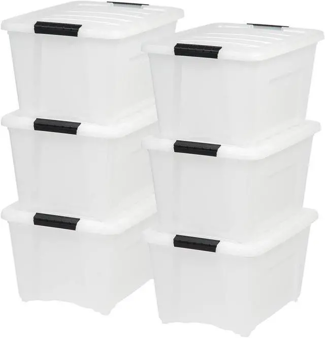Main image of IRIS USA 32 Qt Stackable Plastic Storage Bins with Lids, 6 Pack, Made in USA - Discreet Organizing Solution, Latches, Durable Nestable Containers, Secure Pull Handle - Pearl