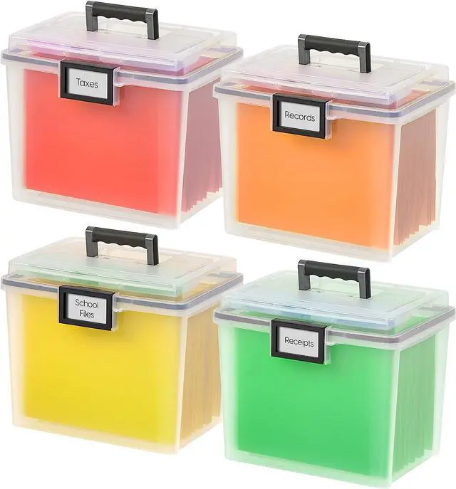 Main image of IRIS USA File Box WeatherPro Portable File Organizer Plastic File Box for Letter File w/ Organizer-Lid, Durable Lid and Seal w/ Secure Latching Buckles, Stackable and Nestable, Clear 19 Qt. 4 Pack