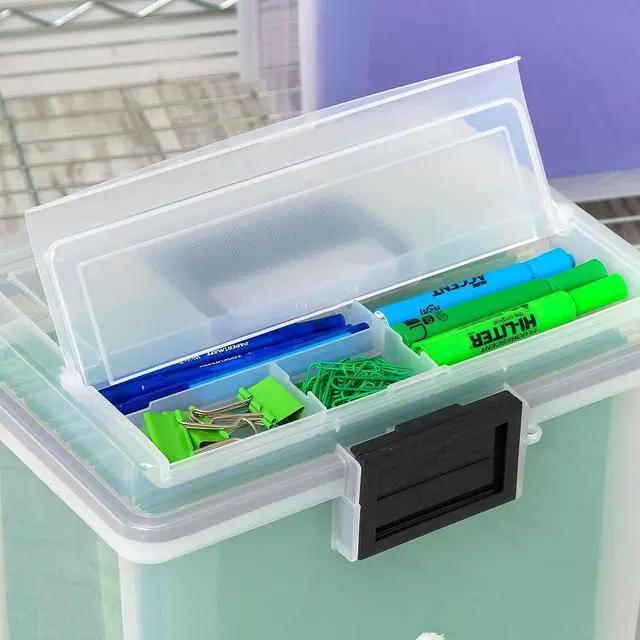 Alt view image 3 of 4 - IRIS USA File Box WeatherPro Portable File Organizer Plastic File Box for Letter File w/ Organizer-Lid, Durable Lid and Seal w/ Secure Latching Buckles, Stackable and Nestable, Clear 19 Qt. 4 Pack