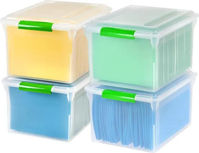Main image of IRIS USA File Box File Organizer Plastic File Box for Letter/Legal File, BPA-Free Plastic Storage Bin Tote Organizer w/ Secure Latching Lid and Easy-Slide Pad, Clear 35 Qt. 4Pack