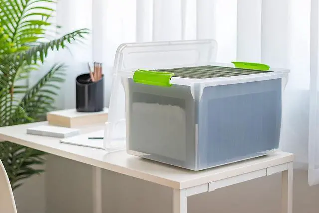 Alt view image 3 of 4 - IRIS USA File Box File Organizer Plastic File Box for Letter/Legal File, BPA-Free Plastic Storage Bin Tote Organizer w/ Secure Latching Lid and Easy-Slide Pad, Clear 35 Qt. 4Pack