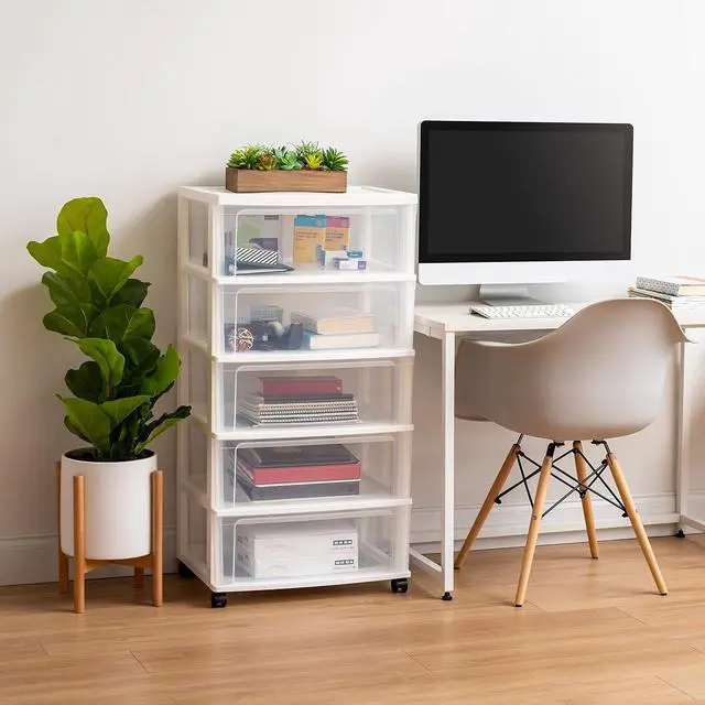 Alt view image 4 of 4 - IRIS USA 5 Drawer Wide Storage Drawer Cart with Caster Wheels, Plastic Rolling Dresser for Home Closet Bedroom Bathroom Office Laundry Kitchen Craft Room Nursery and School Dorm, White/Clear