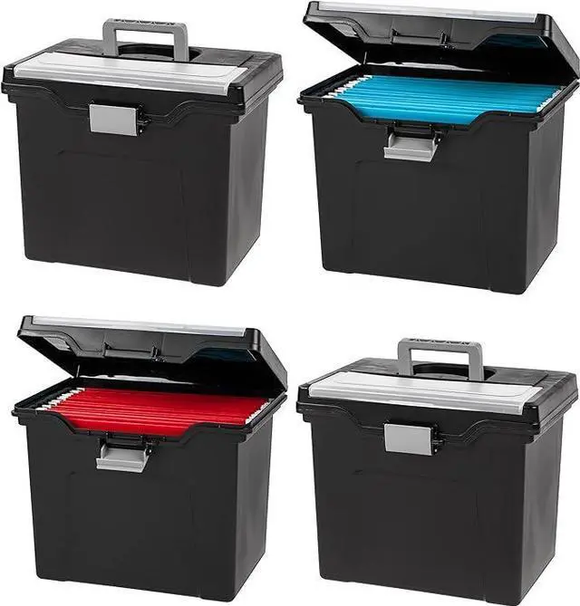 Main image of IRIS USA File Box Portable File Organizer Plastic File Box for Letter File w/ Organizer-Lid, BPA-Free Plastic Storage Organizer with Secure Buckle and Handle, Black 4 Pack