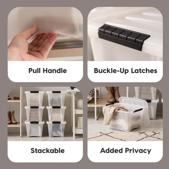 Alt view image 3 of 5 - IRIS USA 19 Qt Stackable Plastic Storage Bins with Lids, 6 Pack - BPA-Free, Made in USA - Discreet Organizing Solution, Latches, Durable Nestable Containers, Secure Pull Handle - Pearl