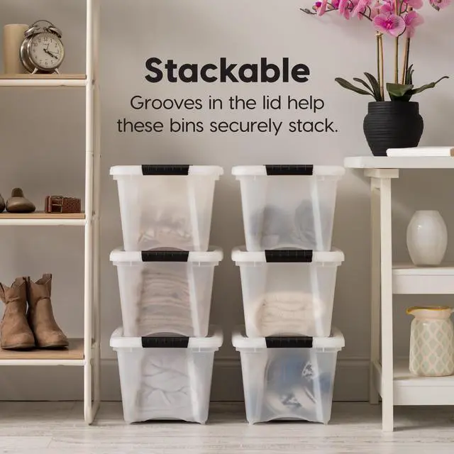 Alt view image 4 of 5 - IRIS USA 19 Qt Stackable Plastic Storage Bins with Lids, 6 Pack - BPA-Free, Made in USA - Discreet Organizing Solution, Latches, Durable Nestable Containers, Secure Pull Handle - Pearl