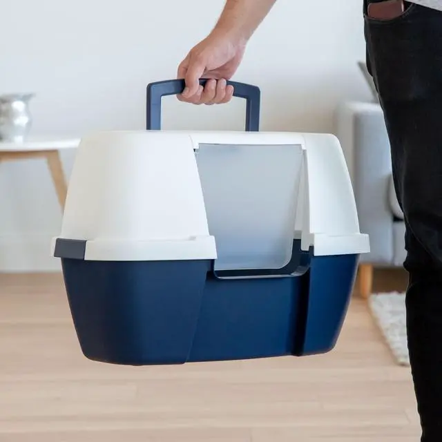 Alt view image 4 of 5 - IRIS Large Hooded Corner Litter Box with Scoop, Navy