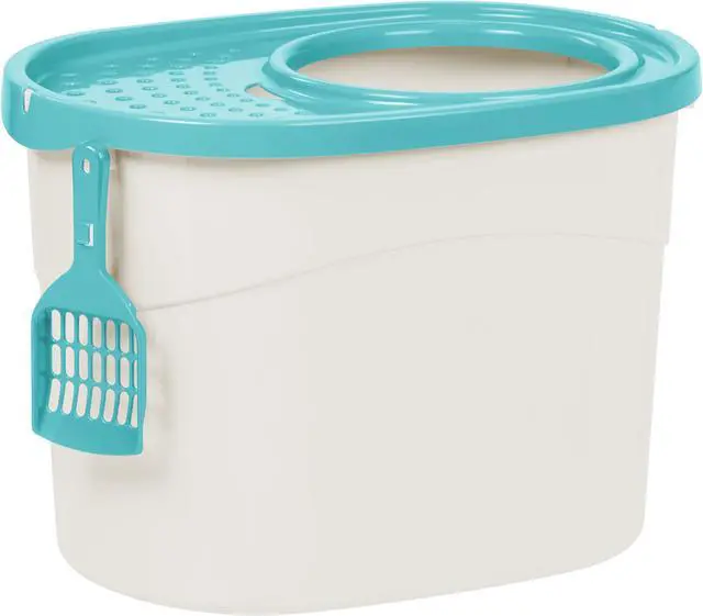 Main image of IRIS Top Entry Cat Litter Box with Scoop, White/Seafoam