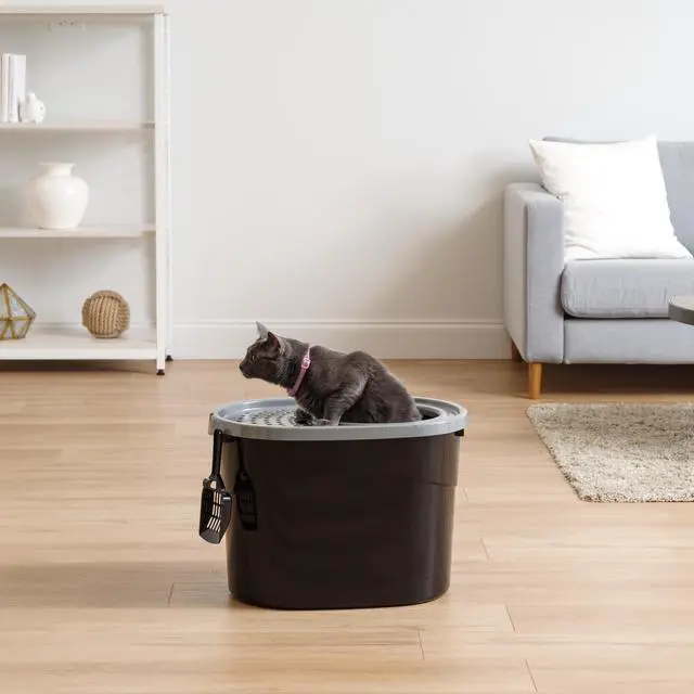 Alt view image 2 of 5 - IRIS Top Entry Cat Litter Box with Scoop, Black/Gray