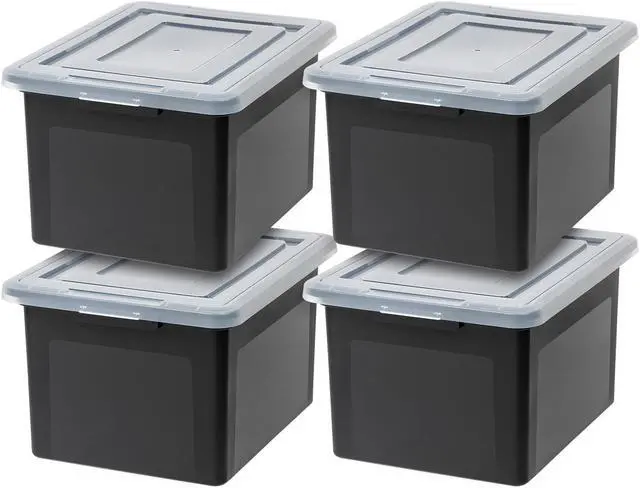 Main image of IRIS USA File Box File Organizer Plastic File Box for Letter/Legal File, BPA-Free Plastic Storage Bin Tote Organizer with Durable and Secure Latching Lid, Stackable and Nestable, Black 35 Qt. 4Pack