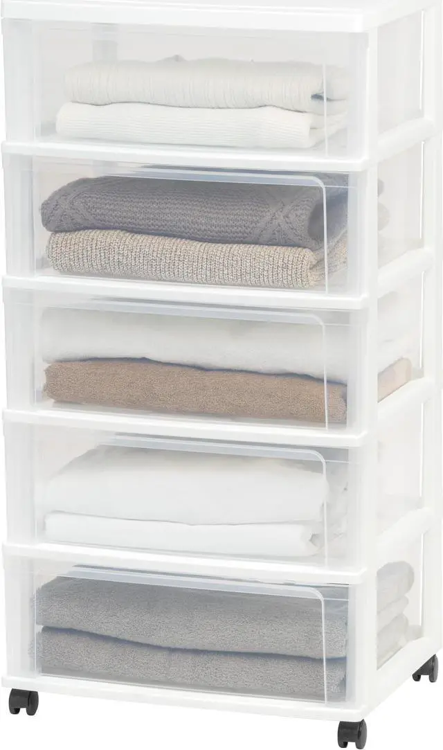 Main image of IRIS USA 5 Drawer Wide Storage Drawer Cart with Caster Wheels, Plastic Rolling Dresser for Home Closet Bedroom Bathroom Office Laundry Kitchen Craft Room Nursery and School Dorm, White/Clear