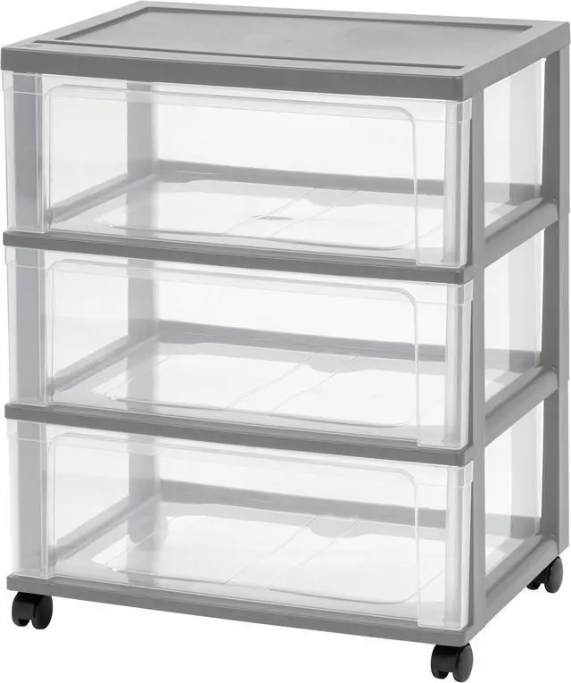 Main image of IRIS USA 3 Drawer Wide Storage Drawer Cart with Caster Wheels, Plastic Rolling Dresser for Home Closet Bedroom Bathroom Office Laundry Kitchen Craft Room Nursery and School Dorm, Gray/Clear