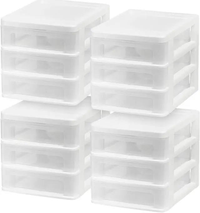 Main image of IRIS USA Small 3-Drawer Desktop Organizer, Stackable, for Office, School, Stationary, Makeup Organizer, Bathroom, Utility, Medical Supplies, Desk Organizer, Versatile Storage, White, 4 Pack