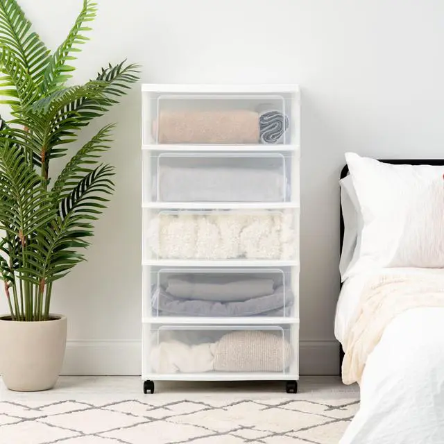 Alt view image 3 of 4 - IRIS USA 5 Drawer Wide Storage Drawer Cart with Caster Wheels, Plastic Rolling Dresser for Home Closet Bedroom Bathroom Office Laundry Kitchen Craft Room Nursery and School Dorm, White/Clear