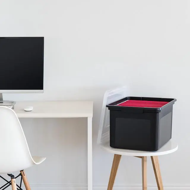 Alt view image 4 of 5 - IRIS USA File Box File Organizer Plastic File Box for Letter/Legal File, BPA-Free Plastic Storage Bin Tote Organizer with Durable and Secure Latching Lid, Stackable and Nestable, Black 35 Qt. 4Pack