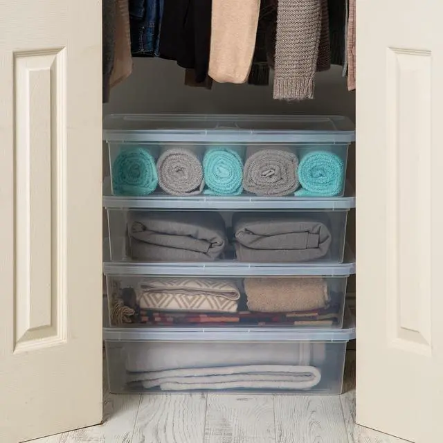 Alt view image 2 of 4 - IRIS USA 28 Qt Clear Storage Box, BPA-Free Plastic Stackable Bin with Lid, Containers to Organize Closet Shelves, Clothes, Blankets, Towels, Classroom Organization Teacher Tools, 10 Pack