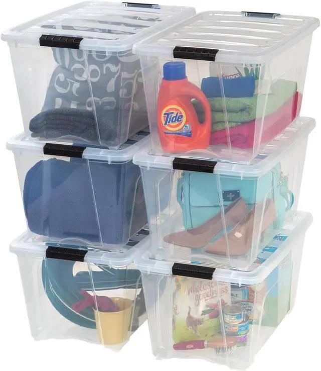 Main image of IRIS USA 54 Qt Stackable Plastic Storage Bins with Lids, 6 Pack - BPA-Free, Made in USA - See-Through Organizing Solution, Latches, Durable Nestable Containers, Secure Pull Handle - Clear