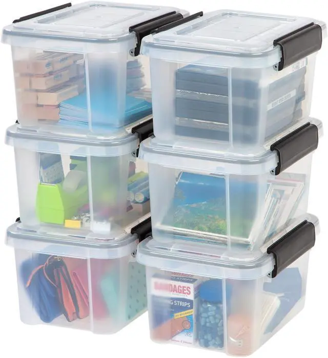 Main image of IRIS USA 6 Qt Storage Box with Gasket Seal Lid, 6 Pack - BPA-Free, Made in USA - Heavy Duty Moving Containers with Tight Latch, Weather Proof Tote Bin, WEATHERPRO - Clear/Black