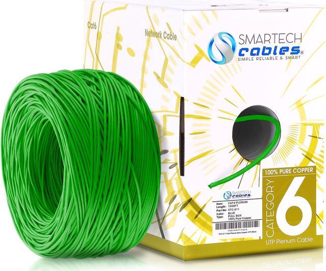 CAT6 Plenum (CMP) 1000ft Bulk Ethernet Cable Certified 100% Pure Solid  Bare Copper 550MHz, 23AWG, UTP Fluke Tested High Bandwidth  Stable  Performance Green Network Ethernet Cables