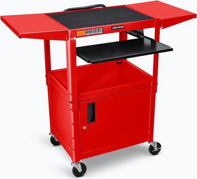 Alt view image 4 of 7 - Red 24W X 18D X 24 42H Steel Adjustable Height AV Cart  with Cabinet and Pullout Tray and Drop Leaf