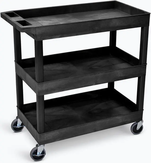 Alt view image 15 of 20 - Luxor Mobile Home Office Kitchen Service Push Handle High Capacity 18"D x 32"W Tub Utility Storage Cart 3 Shelves Black