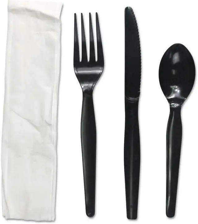 Alt view image 2 of 4 - Boardwalk FKTNHWPSBLA Four-Piece Cutlery Kit, Fork / Knife / Napkin / Teaspoon, Heavyweight, Black, 250 / Carton
