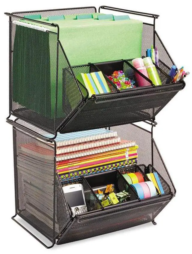 Alt view image 5 of 12 - Onyx Stackable Mesh Storage Bin, 4-Compartment, 14 X 15 1/2 X 11 3/4, Black