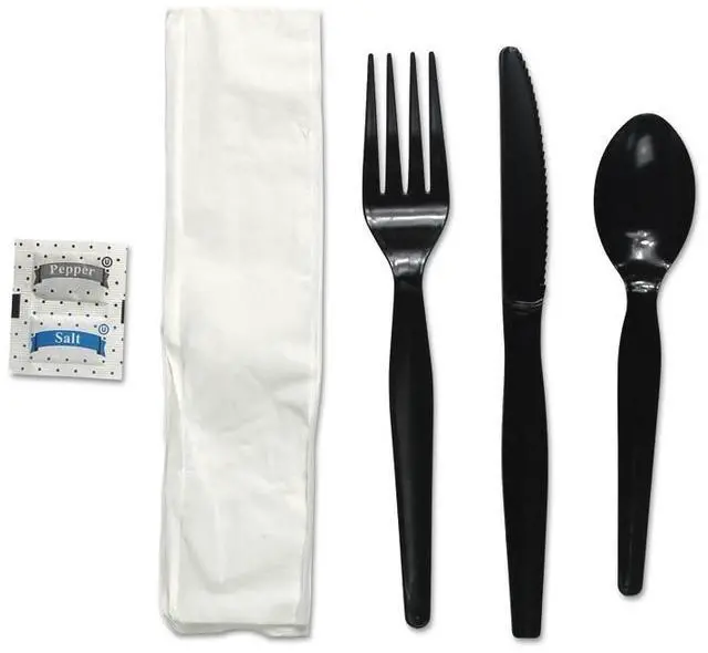 Alt view image 3 of 5 - Boardwalk FKTNSMWPSBLA Six-Piece Cutlery Kit, Condiment / Fork / Knife / Napkin / Teaspoon, Black, 250 / Carton