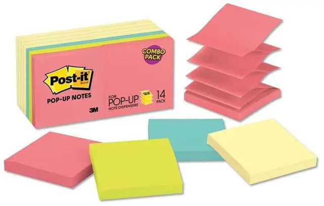Alt view image 13 of 20 - 3M R33014YWM Pop-Up Note Pad Refills, 3 x 3, 7 Canary Yellow & 7 Asst. Brights 100-Sheet Pads