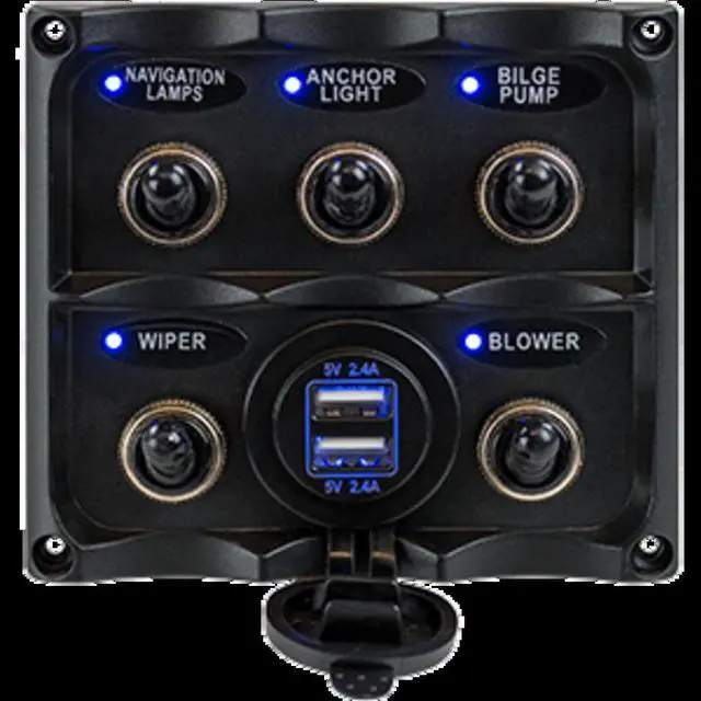 Alt view image 2 of 4 - Sea-Dog Water Resistant Toggle Switch Panel w/USB Power Socket - 5 Toggle