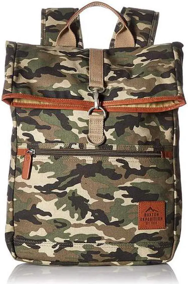 Alt view image 5 of 8 - Buxton Men's Expedition II Huntington Gear Fold-Over Canvas Backpack CAMO