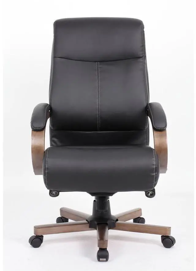 Main image of Lorell 69590 Wood Base Leather High-back Executive Chair - Black Leather Seat - Black Leather Back